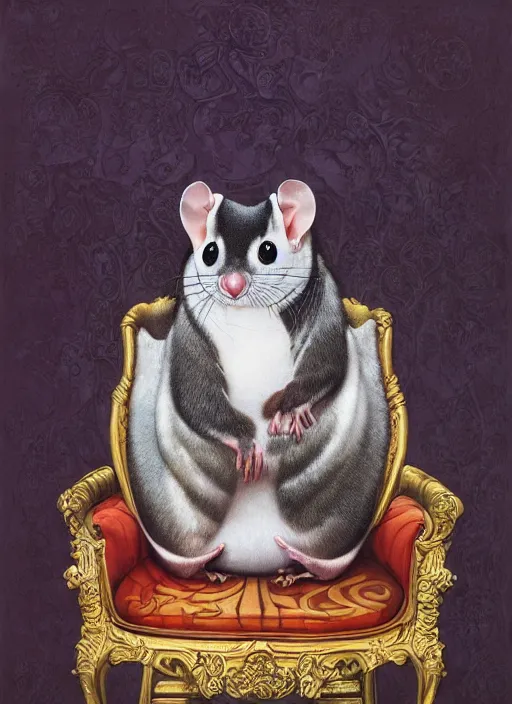 Prompt: beautiful portrait painting of hiphop royal sugar glider king chilling on his throne, by Afarin Sajedi, Alessandro Barbucci, Alex Gross, WLOP, Shohei Otomo, Josan Gonzalez, Kieron Gillen. trending on Artstation, 8k, masterpiece, face enhance, graffiti paint, fine detail, full of color, intricate detail, golden ratio illustration