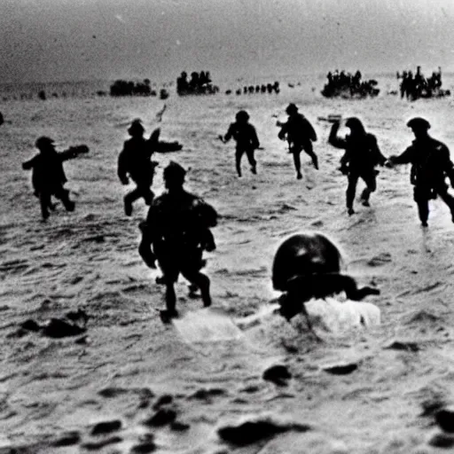 Image similar to the running soldiers in the sea in the d - day, by robert capa,