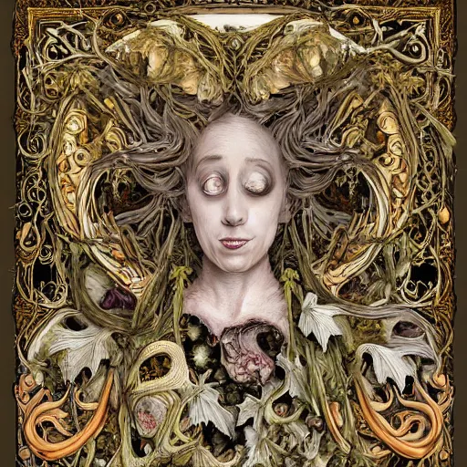 Prompt: a beautiful detailed front view baroque portrait of a rotten woman corpse with fractal plants and fractal flowers and mushrooms growing around, intricate, symmetrical, ornate, ornamentation, bones, illustration, in the style of art nouveau