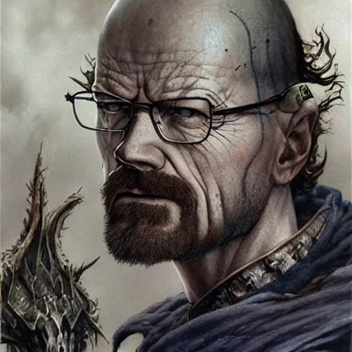 Prompt: Walter white as a dark fantasy warrior, made by gerald brom and luis royo