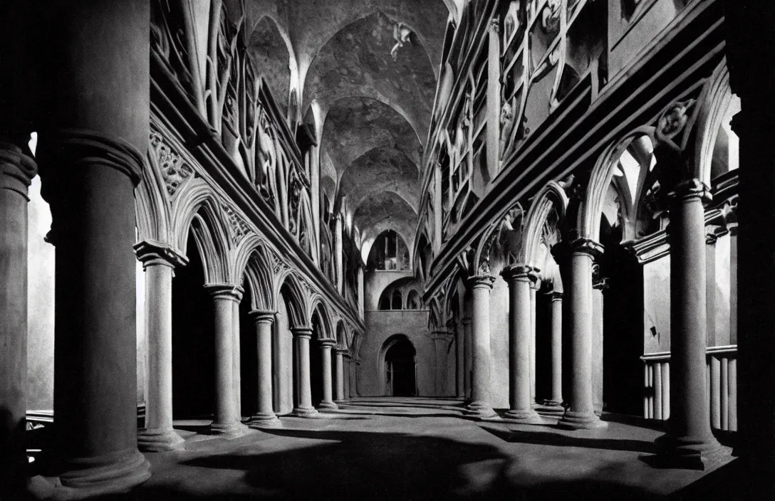 Prompt: cloister quadrangle vertiginous intact flawless ambrotype from 4 k criterion collection remastered cinematography gory horror film, ominous lighting, evil theme wow photo realistic postprocessing sinister knights reversible literal illusion photograph by ansel adams