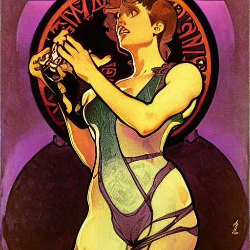 Image similar to Samus Aran by Alphonse Mucha