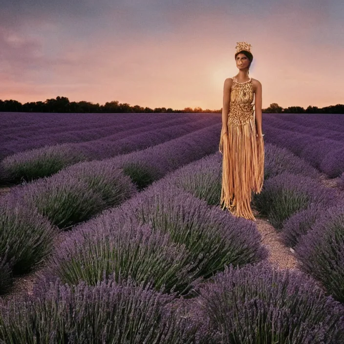 Prompt: a woman with a dress made of lavender chains standing next to water, golden hour, vogue magazine