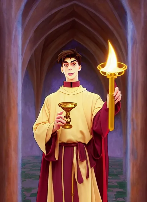 Prompt: kai havertz as a priest wearing robes. holding golden candlestick, in a monestry natural lighting, path traced, highly detailed, high quality, digital painting, by don bluth and ross tran and studio ghibli and alphonse mucha, artgerm