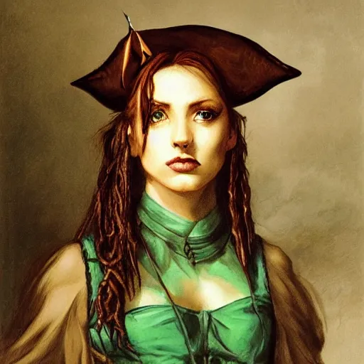 Image similar to a pirate with iridescent skin, irridescent shark colored makeup, her stance is Swashbuckling, art by courbet