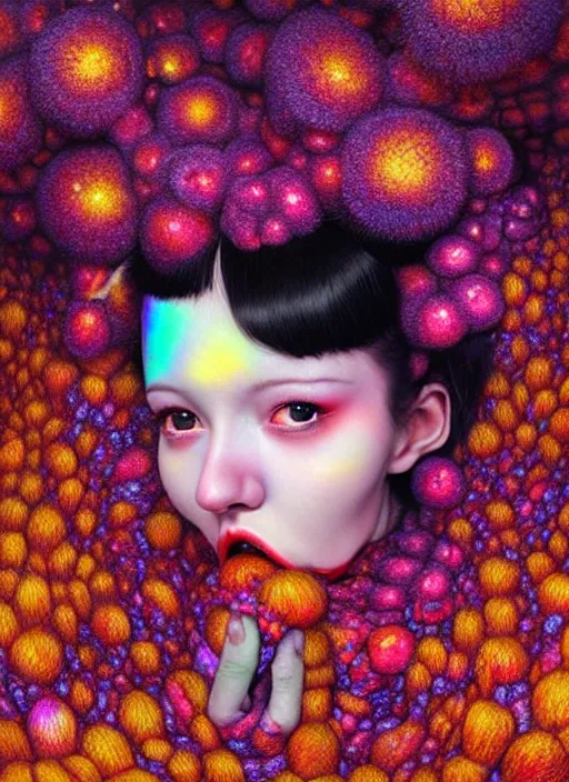 Image similar to hyper detailed 3d render like a Oil painting - kawaii portrait Aurora (black haired Singer Ferret) seen Eating of the Strangling network of yellowcake aerochrome and milky Fruit and Her delicate Hands hold of gossamer polyp blossoms bring iridescent fungal flowers whose spores black the foolish stars by Jacek Yerka, Mariusz Lewandowski, Houdini algorithmic generative render, Abstract brush strokes, Masterpiece, Edward Hopper and James Gilleard, Zdzislaw Beksinski, Mark Ryden, Wolfgang Lettl, hints of Yayoi Kasuma, octane render, 8k