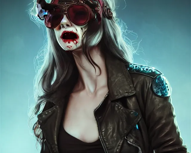 Prompt: a zombie girl wearing sunglasses and a leather jacket, photography of kurzgesagt, deep focus, d & d, fantasy, intricate, elegant, highly detailed, digital painting, artstation, concept art, matte, sharp focus, illustration, hearthstone, art by artgerm and greg rutkowski and alphonse mucha