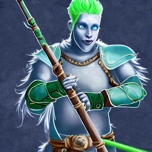 Prompt: Blue skinned fish person with green hair with a staff wearing leather armor, male, dungeons and dragons character, digital art