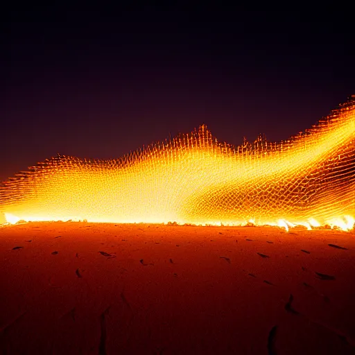 Image similar to zaha hadid, dancefloor kismet, fire, night, the australian desert, xf iq 4, 1 5 0 mp, 5 0 mm, f 1. 4, iso 2 0 0, 1 / 1 6 0 s, dawn, golden ratio, rule of thirds