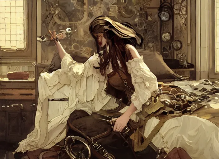 Prompt: woman model, steampunk!!! and modern, neutral colors, in a bedroom!!!!!!!!!, backlit, elegant, highly detailed, digital painting, artstation, concept art, smooth, sharp focus, illustration, art by krenz cushart and artem demura and alphonse mucha