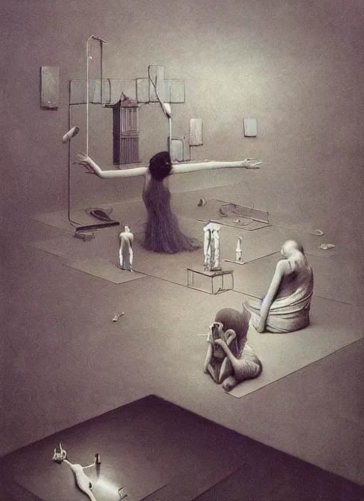 Image similar to She is overwhelmed by on demand creativity she searches for meaning as the world changes too fast to think, Edward Hopper and James Gilleard, Zdzislaw Beksinski, Mark Ryden, Wolfgang Lettl highly detailed