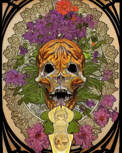 Image similar to Tiger skull art surrounded by varities of flowers, cell shading, voronoi, fibonacci sequence, sacred geometry by Alphonse Mucha, Moebius, hiroshi yoshida, Art Nouveau, colorful, ultradetailed, vivid colour, 3d