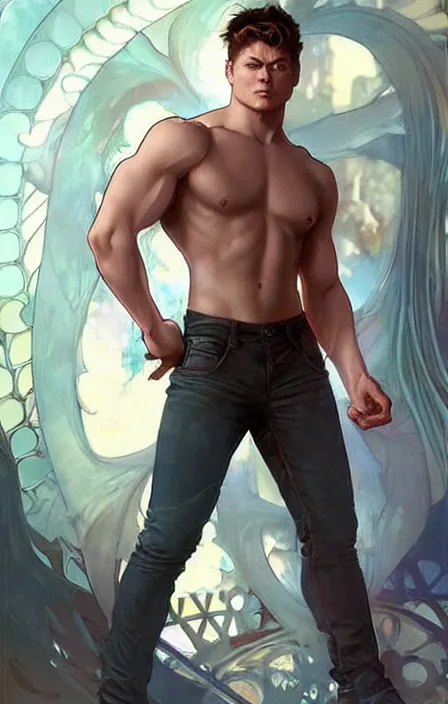 Image similar to pretty muscular dean winchester as a character in romance book art design, character concept, sharp focus!, ultra detailed, art by artgerm alphonse mucha, wlop