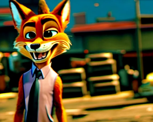 Image similar to nick wilde as max payne 3 set in gritty neo - noir zootopia, battle through the favela / furvela