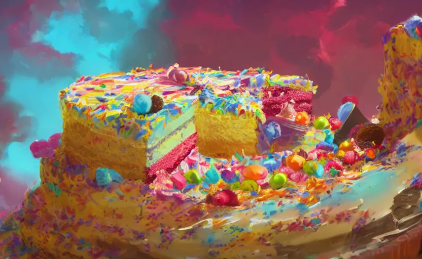 Image similar to a colorful digital painting of a cake with lots of sweets on it, by greg rutkowski and james gurney, sharp details, 8 k, highly detailed, matte background, trending on artstation