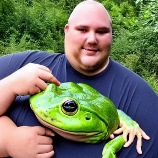 Image similar to fat man holding worlds largest fat frog which is screaming