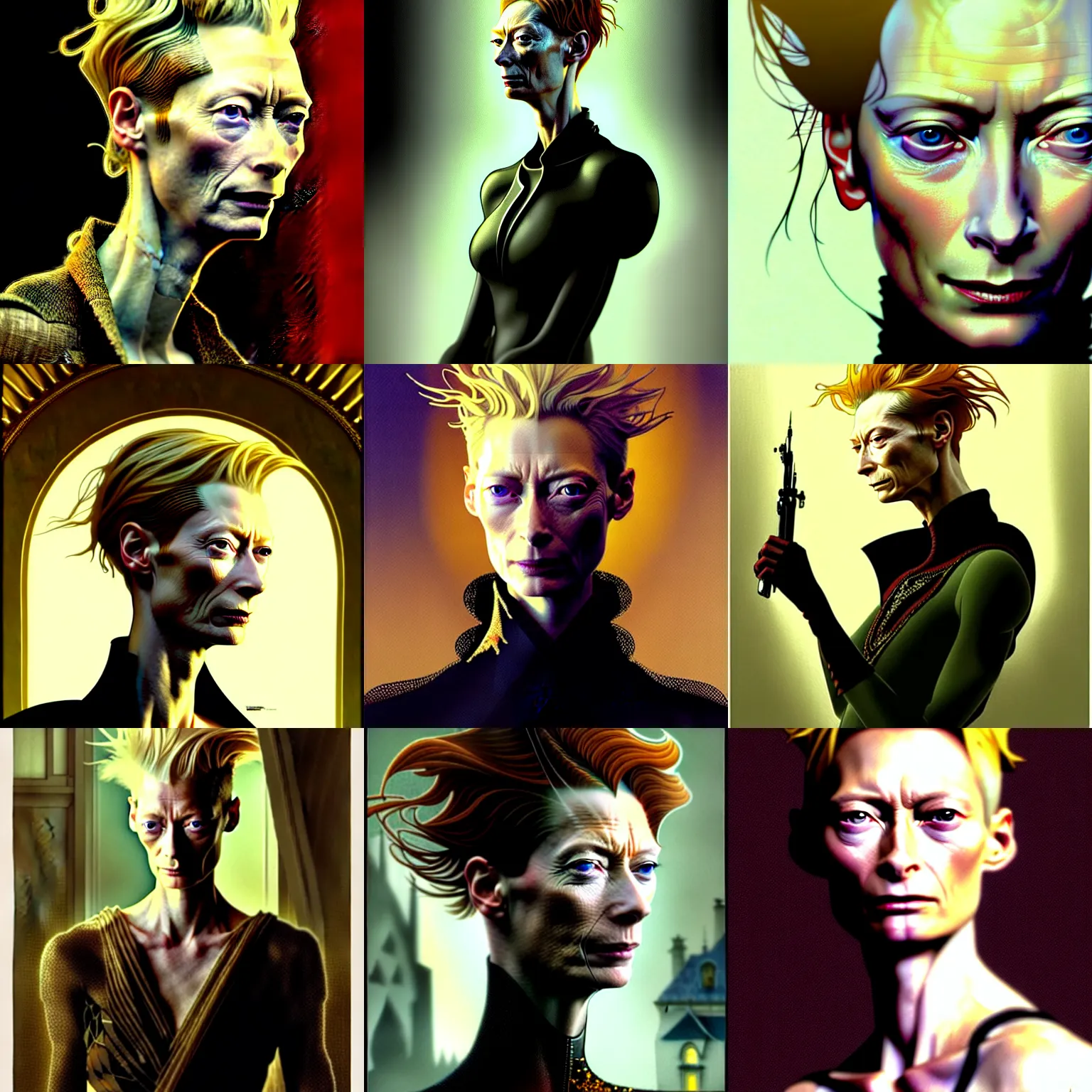 Prompt: Portrait Tilda Swinton, extreme plus resolution fantasy concept art, intricate details to everything visible, sharp lighting, Dramatic light by denis villeneuve, strong emphasis on alphonse mucha, Makoto Shinkai