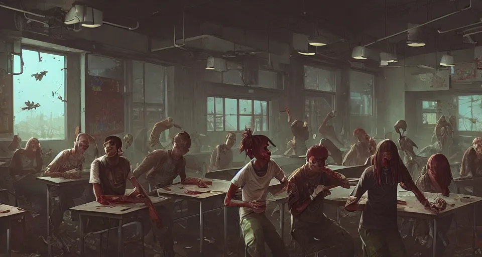 Prompt: highly detailed modern high school classroom with zombies in gta v, horrible rotting flesh, stephen bliss, unreal engine, fantasy art by greg rutkowski, loish, rhads, ferdinand knab, makoto shinkai and lois van baarle, ilya kuvshinov, rossdraws, tom bagshaw, global illumination, detailed and intricate environment