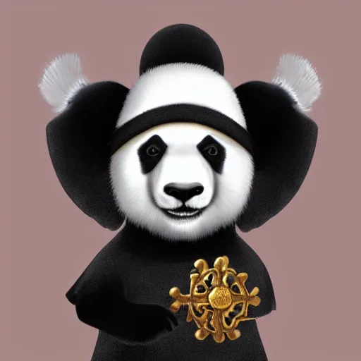 Prompt: a panda with a liturgical headdress, a mitre, and the hand of benediction, ultra detailed, 8 k, trending on artstation, award - winning art,