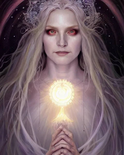 Prompt: realistic wide angle portrait of a beautiful white witch, standing, crafting spells, bright witch, beautiful face, fantasy, chaos, magic, dark magic, dramatic lighting, intricate, wild, highly detailed, digital painting, artstation, concept art, smooth, sharp focus, illustration, art by artgerm and greg rutkowski and alphonse mucha, footage from space camera