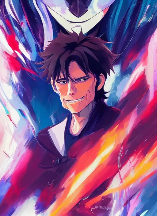 Image similar to young anime willem dafoe portrait illustrated by rossdraws, vivid colors, soft lighting, digital artwork 4 k, best of artstation