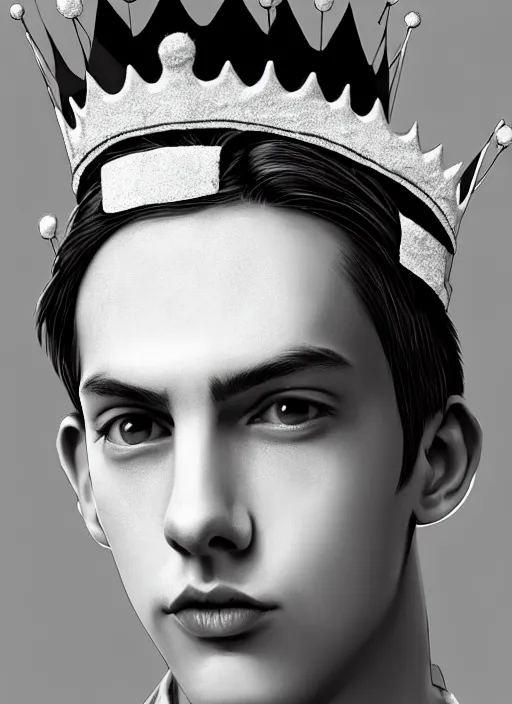 Prompt: portrait of teenage jughead jones wearing a light grey crown, photorealistic, crown made of fabric, grey crown with red and white pin badge, crown with pins, black hair, intricate, elegant, highly detailed, digital painting, glowing lights, artstation, concept art, smooth, sharp focus, illustration, art by wlop, mars ravelo and greg rutkowski