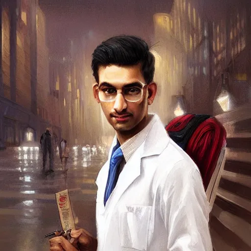 Image similar to Anxious good looking pale young Indian doctors wearing American clothes at the airport, portrait, elegant, intricate, digital painting, artstation, concept art, smooth, sharp focus, illustration, art by artgerm and greg rutkowski and alphonse mucha