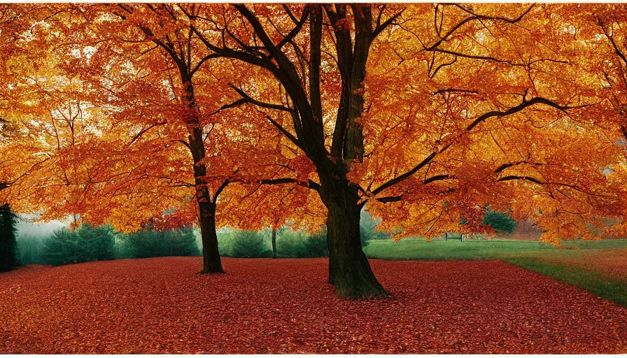 Image similar to maple trees, autumn, new jersey, northwest, farm, cinestill 8 0 0 t 3 5 mm 1 9 8 9, technicolor, heavy grain, high quality, high detail, warm light