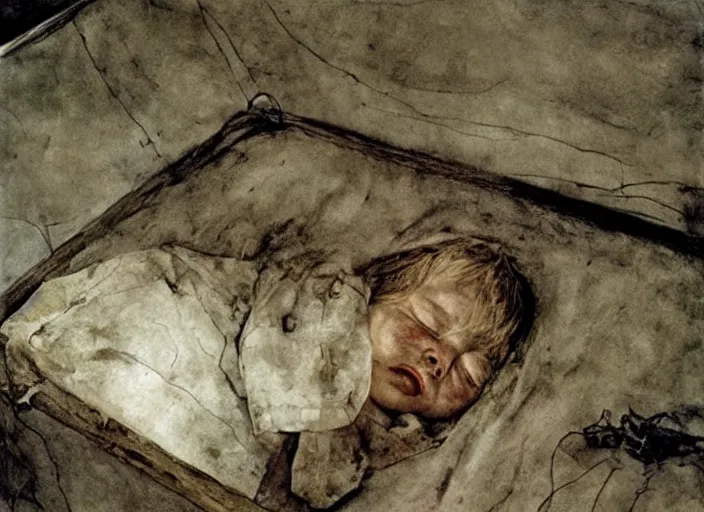 Image similar to poor child sleeping in a dirty makeshift hospital, painting by andrew wyeth and alan lee, very detailed, somber mood, realistic sad faces