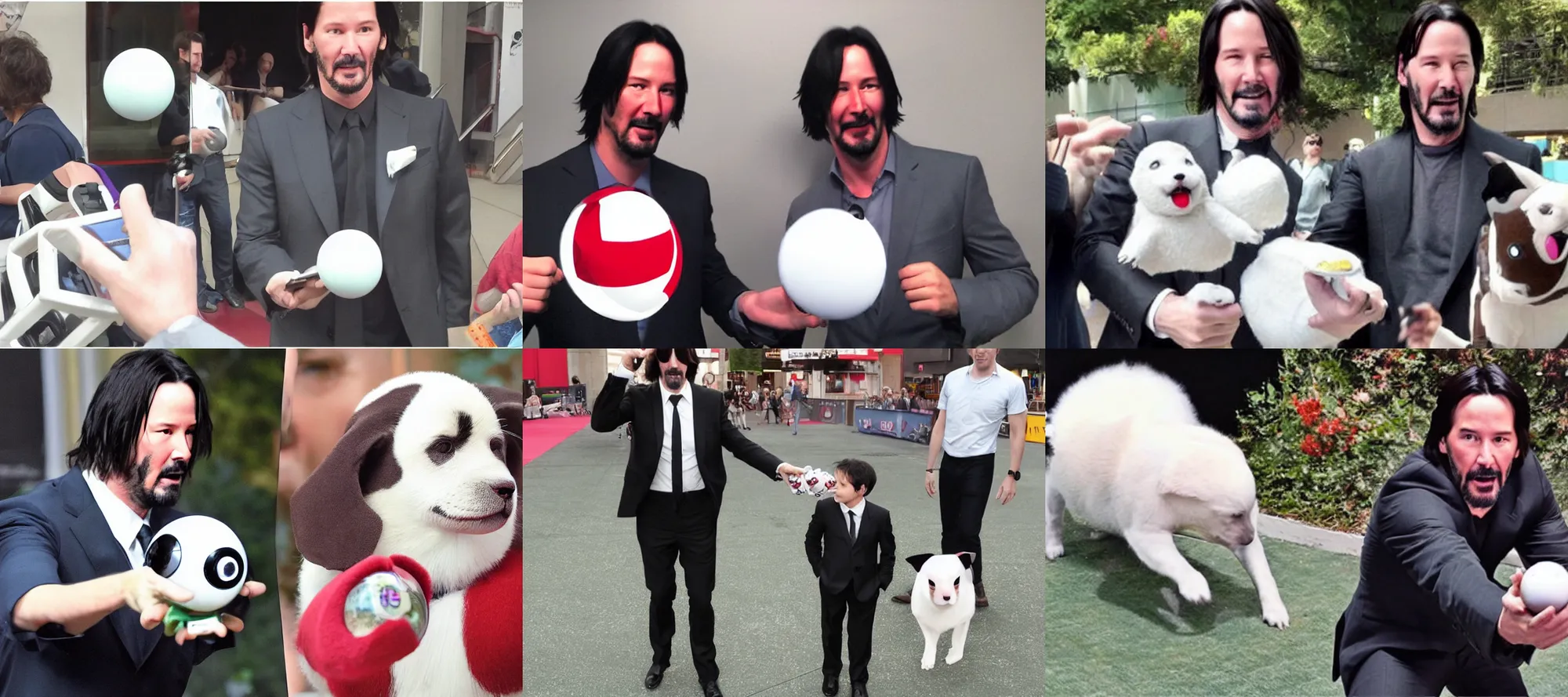 Prompt: keanu reeves throwing pokeball rockruff