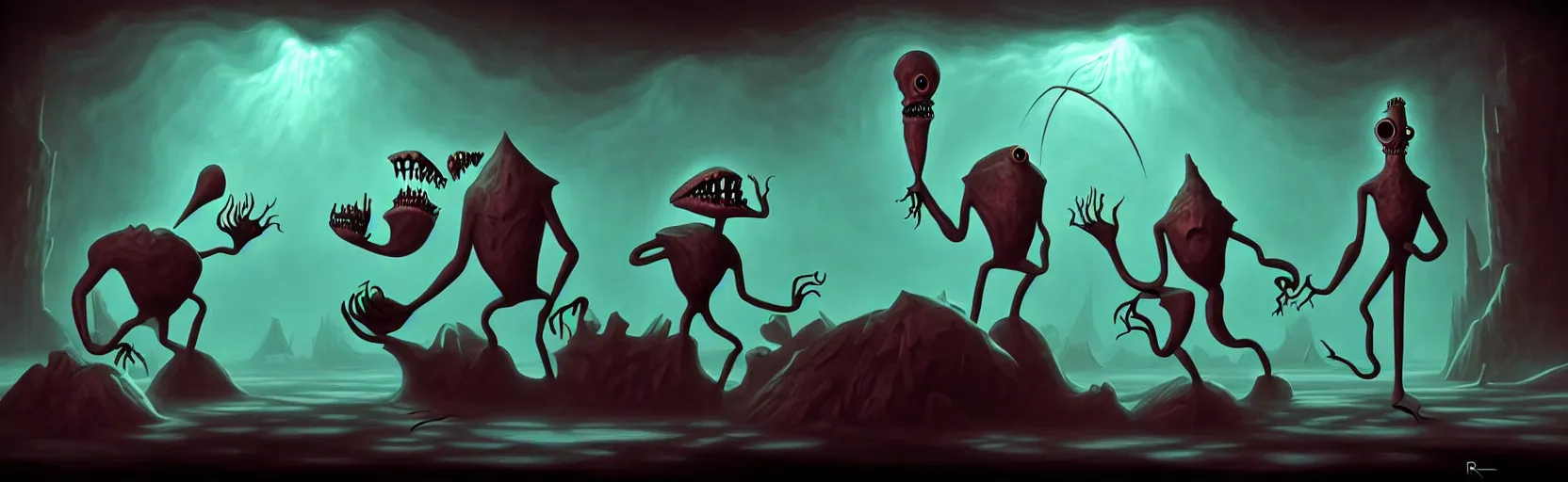 Prompt: uncanny monsters from the depths of a vast wasteland in the collective unconscious, dramatic lighting, surreal dark 1 9 3 0 s fleischer cartoon characters, surreal painting by ronny khalil