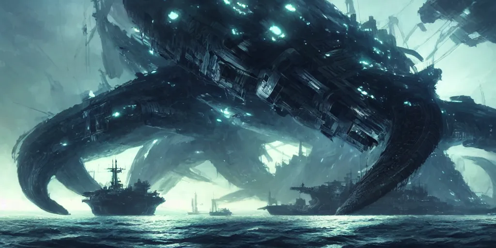 Image similar to A large ship armada is getting destroyed by a giant kraken monster. In style of Yoji Shinkawa and Hyung-tae Kim, trending on ArtStation, Greg Rutkowski, dark fantasy, great composition, concept art, highly detailed, scenery.