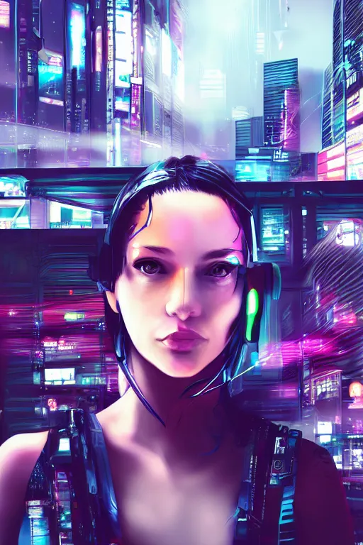 Prompt: a selfie of a girl on a cyberpunk city, cyberpunk style, digital art