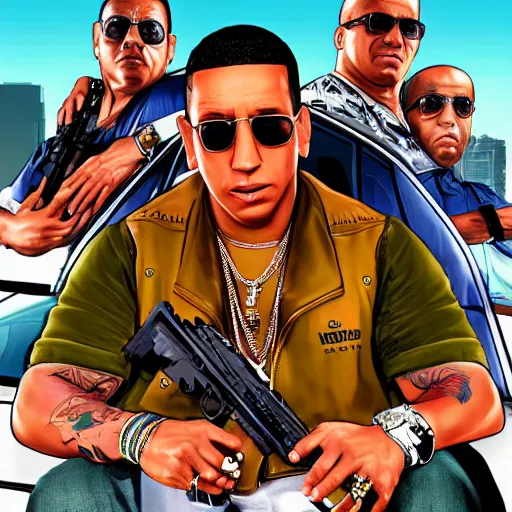 Image similar to daddy yankee in gta v cover art by steven bliss, cover art, box art, loading screen