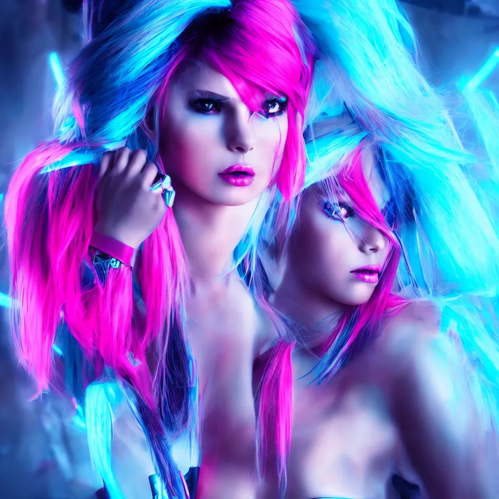 Prompt: A photo of a beautiful sultry looking woman with neon pink and blue hair in a futuristic style, dark and moody atmosphere, high quality sci-fi cyberpunk style hyperrealistic digital art