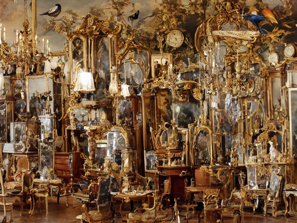 Prompt: antique clocks and giant exotic birds in a baroque salon of the imagination