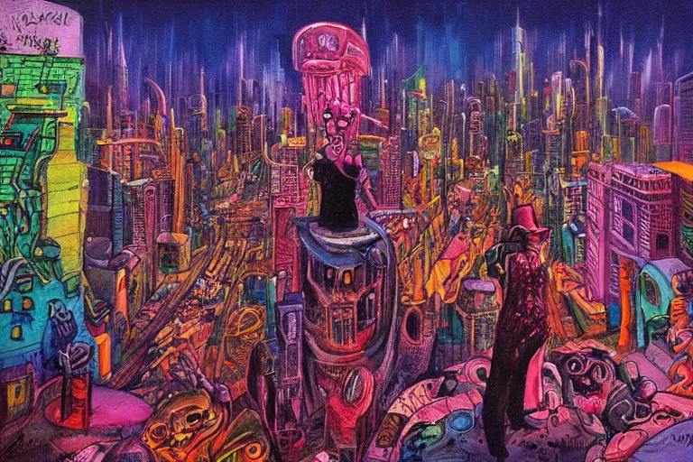 Image similar to surreal colorful nightmarish cityscape, artwork by Ralph Bakshi