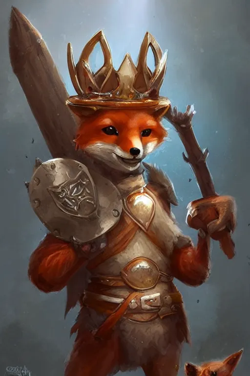 Image similar to cute little anthropomorphic foxy knight wearing a cape and a crown, tiny, small, miniature fox, baby animal, short, pale blue armor, cute and adorable, pretty, beautiful, DnD character art portrait, matte fantasy painting, DeviantArt Artstation, by Jason Felix by Steve Argyle by Tyler Jacobson by Peter Mohrbacher, cinematic lighting