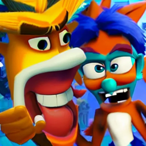 Prompt: crash Bandicoot taking a selfie with dr neo Cortex