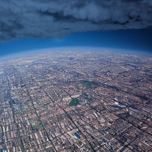 Prompt: a photo of a city without the earth's atmosphere. taken by a human from the ground.