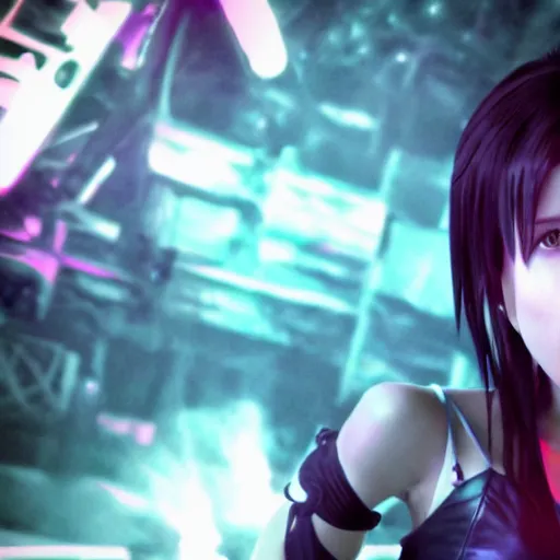 Image similar to tifa lockhart synthwave style volumetric lighting