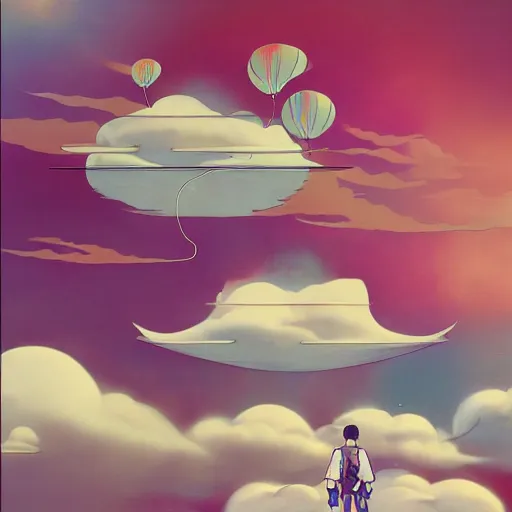 Image similar to a man walking on clouds above kyoto by takashi murakami, beeple and james jean, aya takano color style, 4 k, super detailed