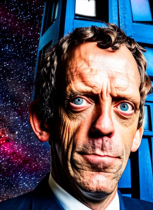 Image similar to dslr photo portrait still of hugh laurie as doctor who in front of a nebula through the open door of the tardis, 8 k, 8 5 mm f 1. 4