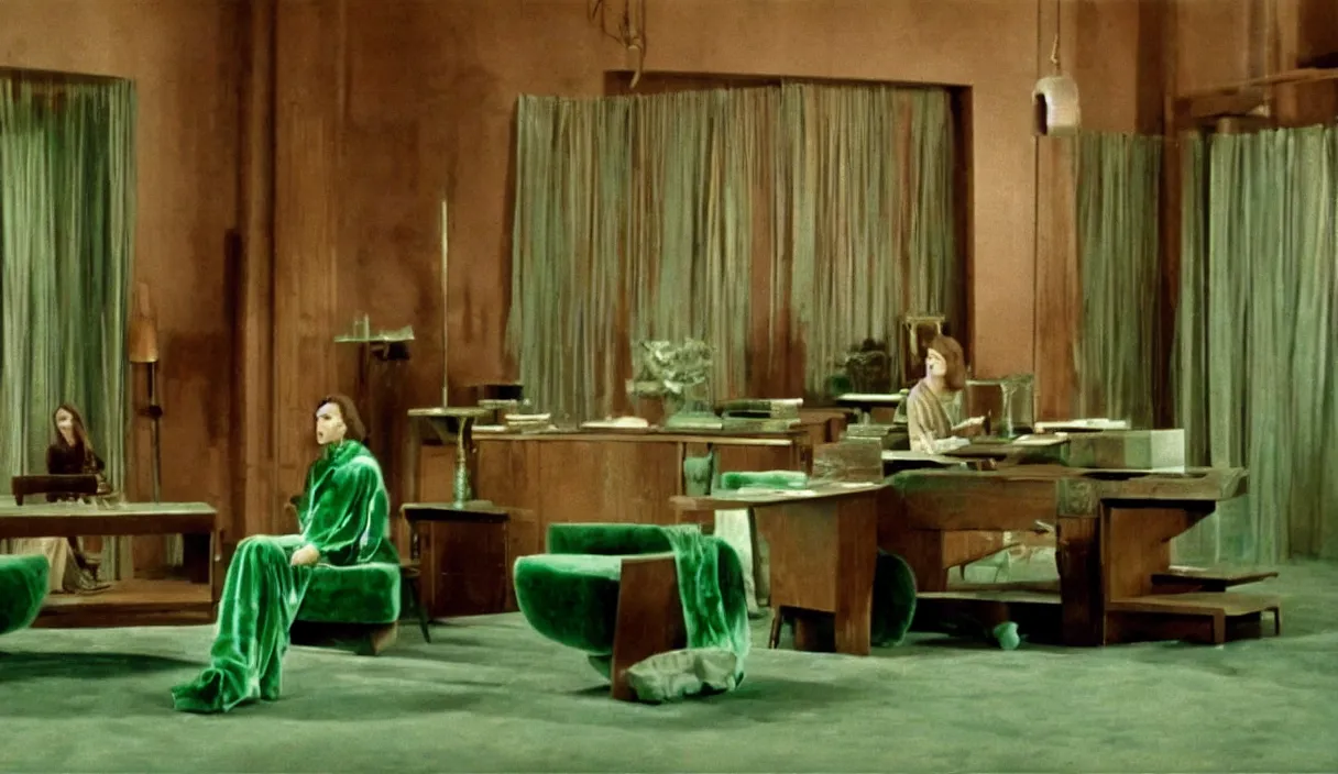 Prompt: a still of severance series indoor 7 0 s green velvet and wood with metal furniture office scenario appearing in a film of parajadnov, in movie color of the pomegranates ( 1 9 6 9 )