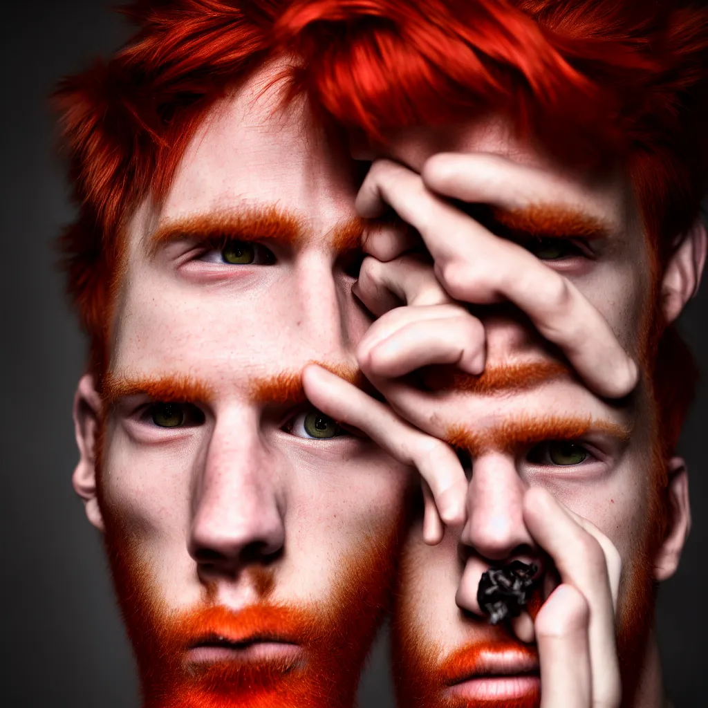 Image similar to a red haired guy, gucci male model type of guy, having smoke coming out from his ear and weed leaves inside his pupils. Super highly detailed picture, 8k, professional portrait photographer