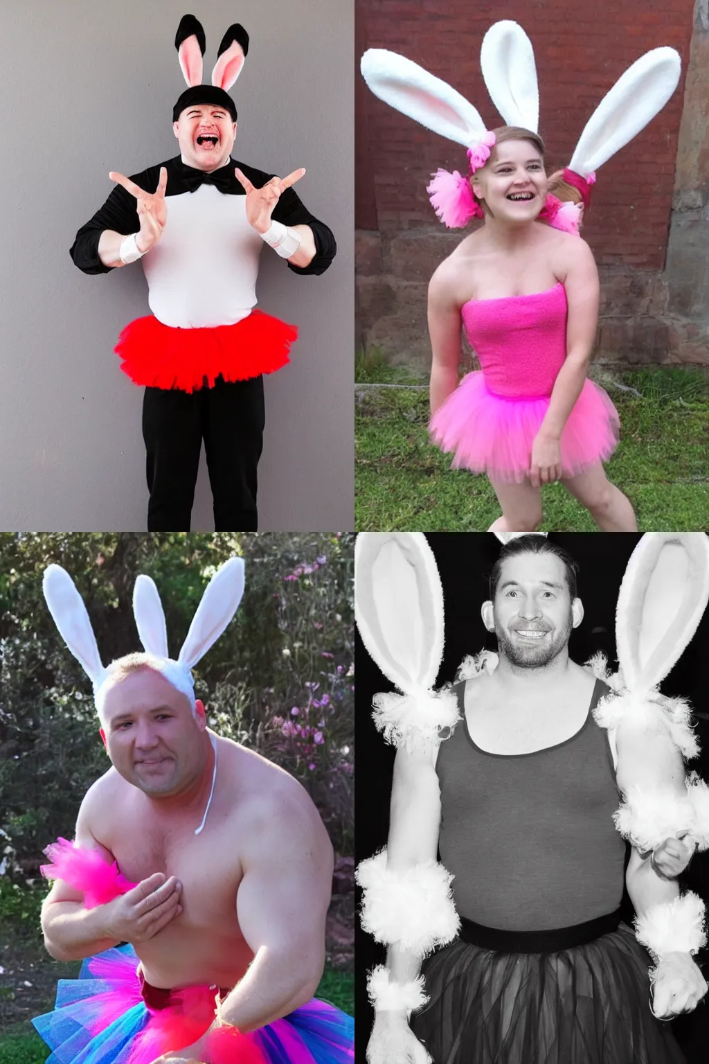 Prompt: A strong man wearing a tutu and bunny ears.