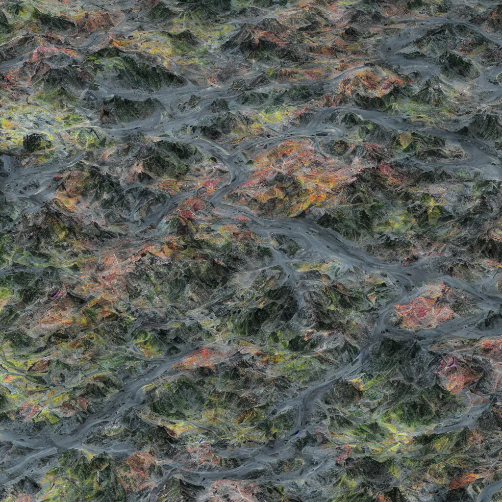 Prompt: a landscape taken from technologically advanced full color satelline, full of colors and rich detail, erosions, inlets, bumped three-dimensional fetures, there is a network of destroyed roads of different colors, half of the landscape is in wireframe, sky is not visible, 8K, Octane Render, state of the art, hyperrealistic lighting, palette is black violet gray red