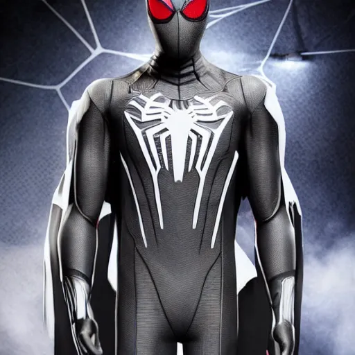 Image similar to black spider - man suit with white web lining, cinematic, volumetric lighting, realistic, hyperdetailed, photorealistic, photograph