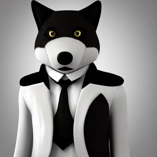 Image similar to 3 d render of a wolf as a gentleman wearing tuxedo on a studio shot, studio lighting, cinematic perspective, full hd