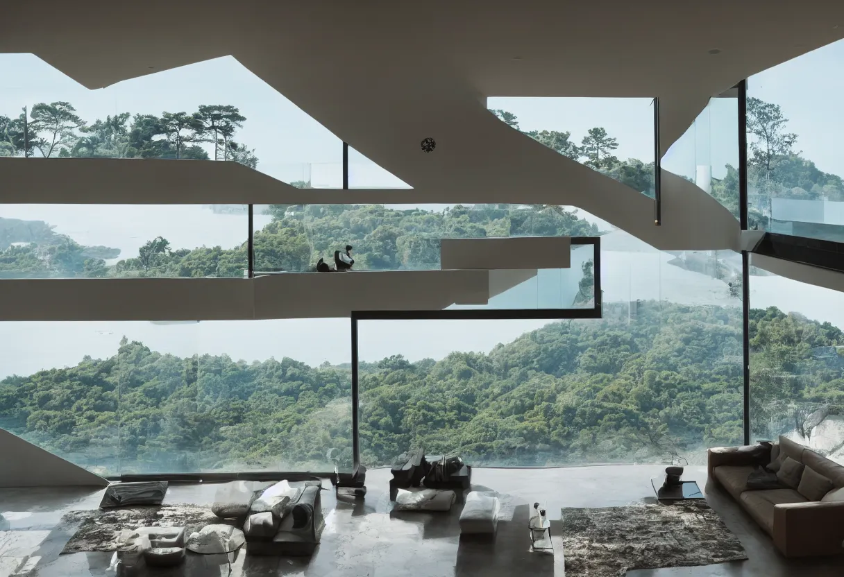 Prompt: Modern house interior with big windows dawn , on a cliff water view focus minimalistic epic architecture